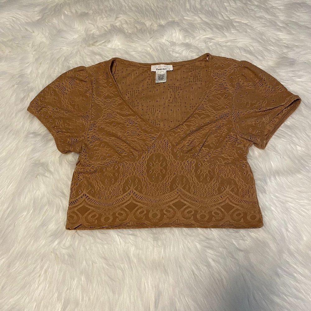 Caramel Colored Eyelet Short Sleeve Crop Top